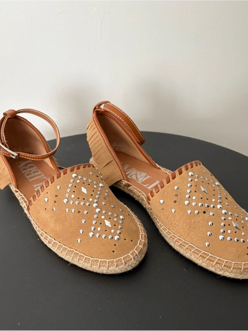 Sam & Libby Studded Tan Espadrille Flats with Ankle Strap - Women Sz 8